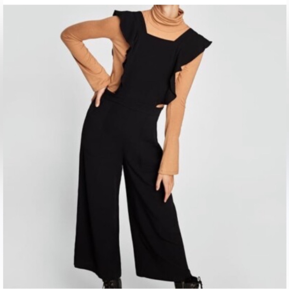 Zara Pinafore Black Ruffled Jumpsuit XS NEW